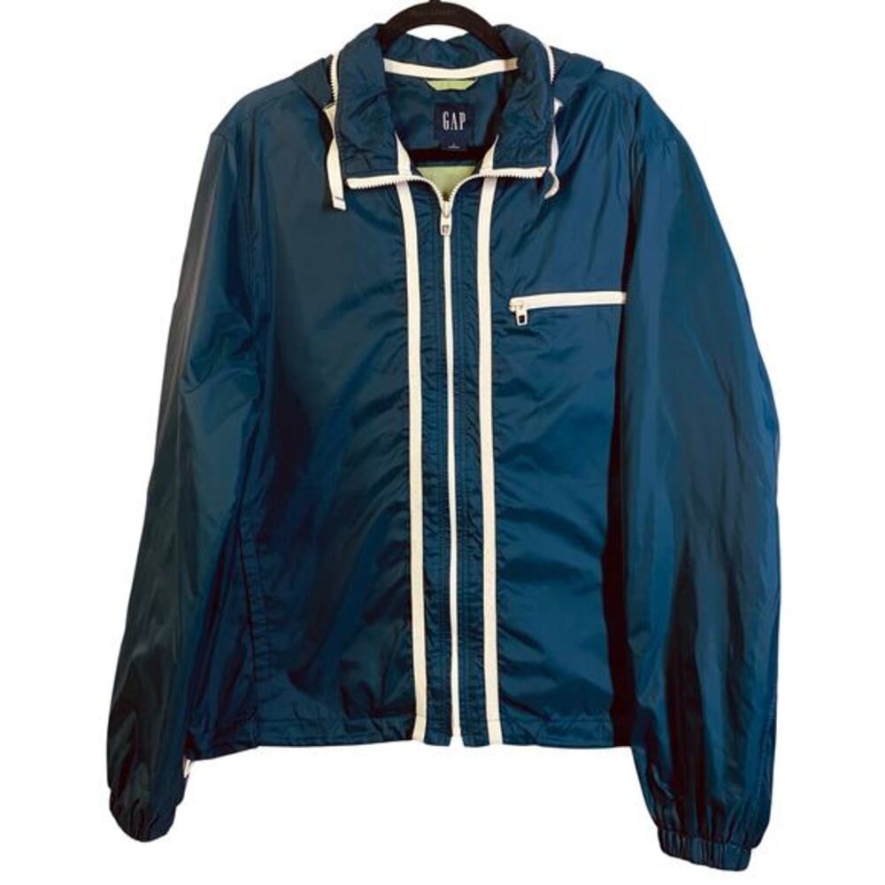 GAP Jacket Coat Rain Gear Hidden Hood Vintage Style Full Zip Lined Inside Pocket